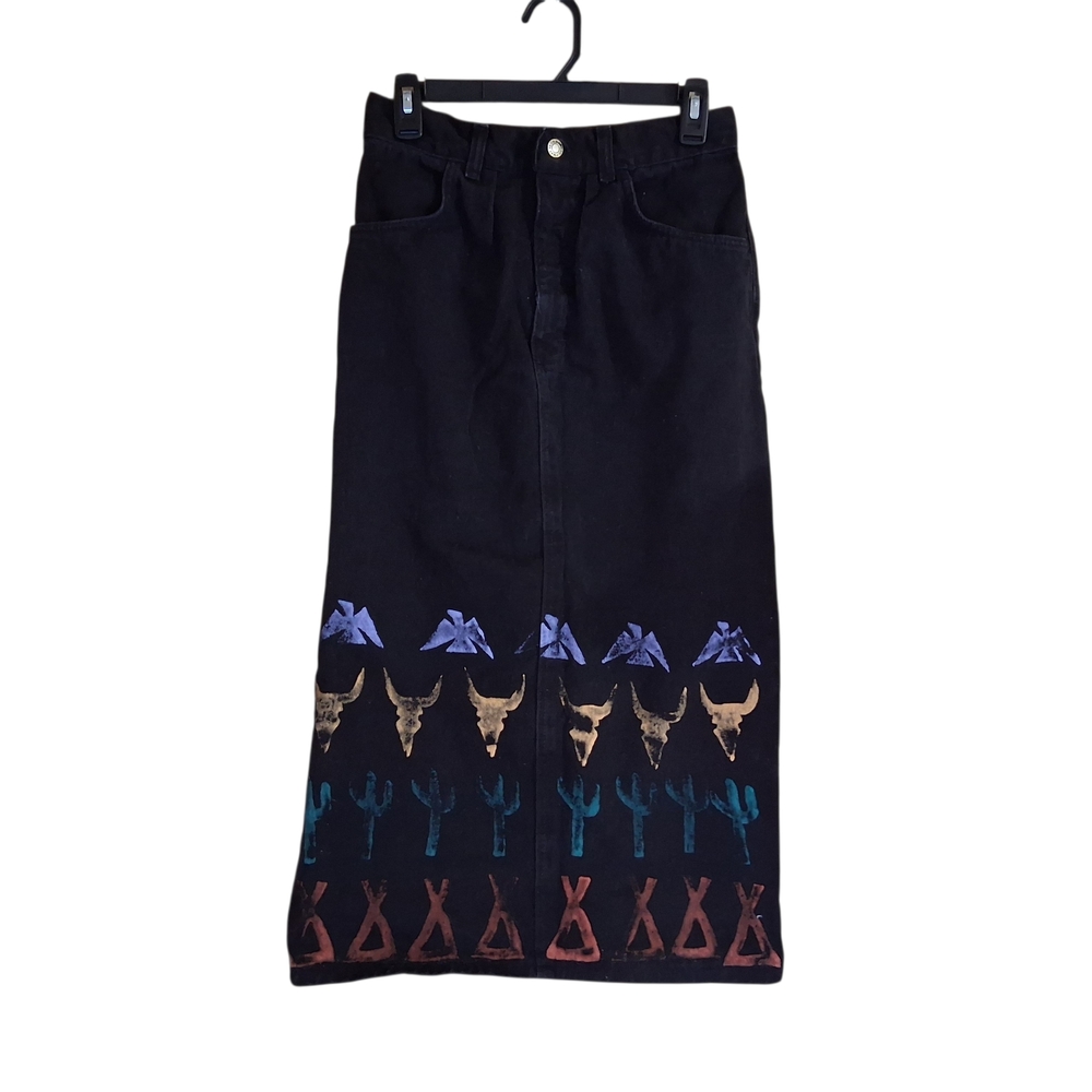 Marigail Weekend Black Denim Sz 8 Colorful Western Print Straight Skirt Pockets